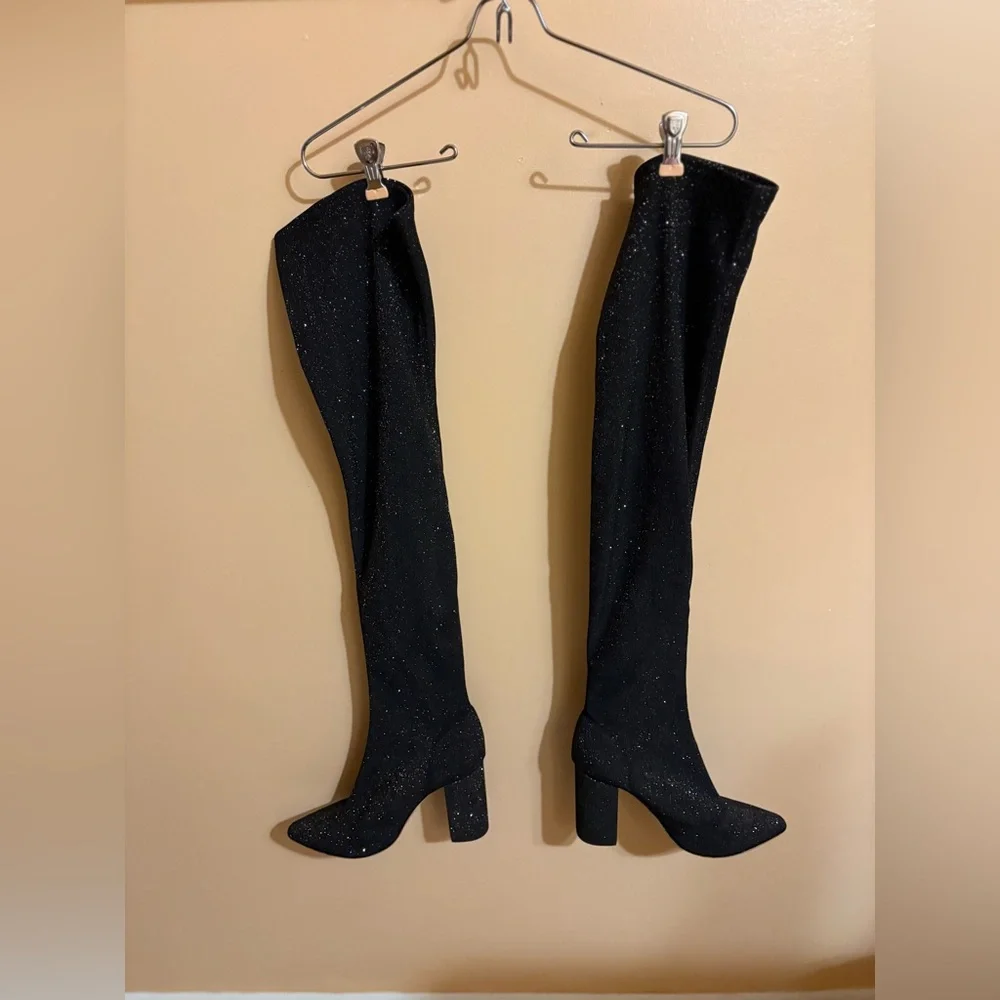 Raye x Revolve Farley Over the Knee Black Sparkly Boots